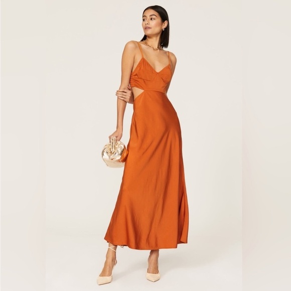 A.L.C. Blakely Cut Out Midi Dress in Rust Orange Size 10 Satin Flaw - Picture 7 of 14